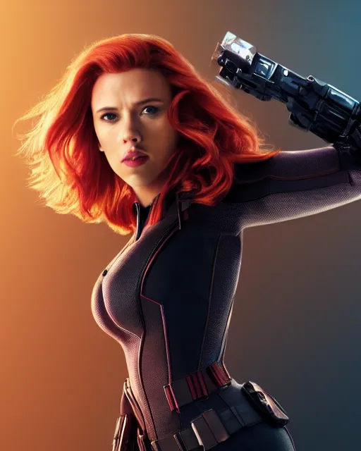 Image similar to film still of beautiful scarlett johansson wearing a fat costume as black widow from 2 0 1 2's the avengers, cinematic lighting, octane render, backlit, rim lighting, 8 k resolution