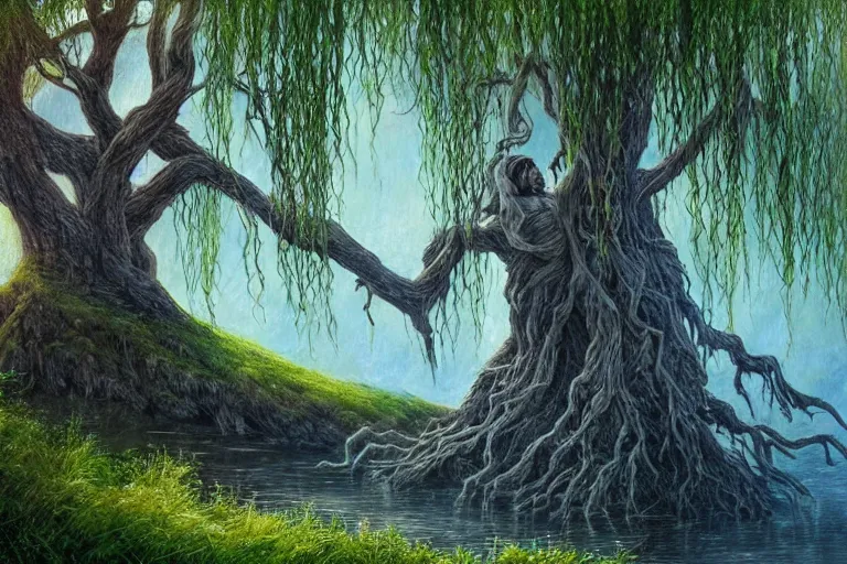 Prompt: masterpiece painting of lord of the rings old man willow tree of life on a hillside overlooking a creek, dramatic lighting, malign tree - spirit of great age, hyperrealism concept art of highly detailed by andreas franke