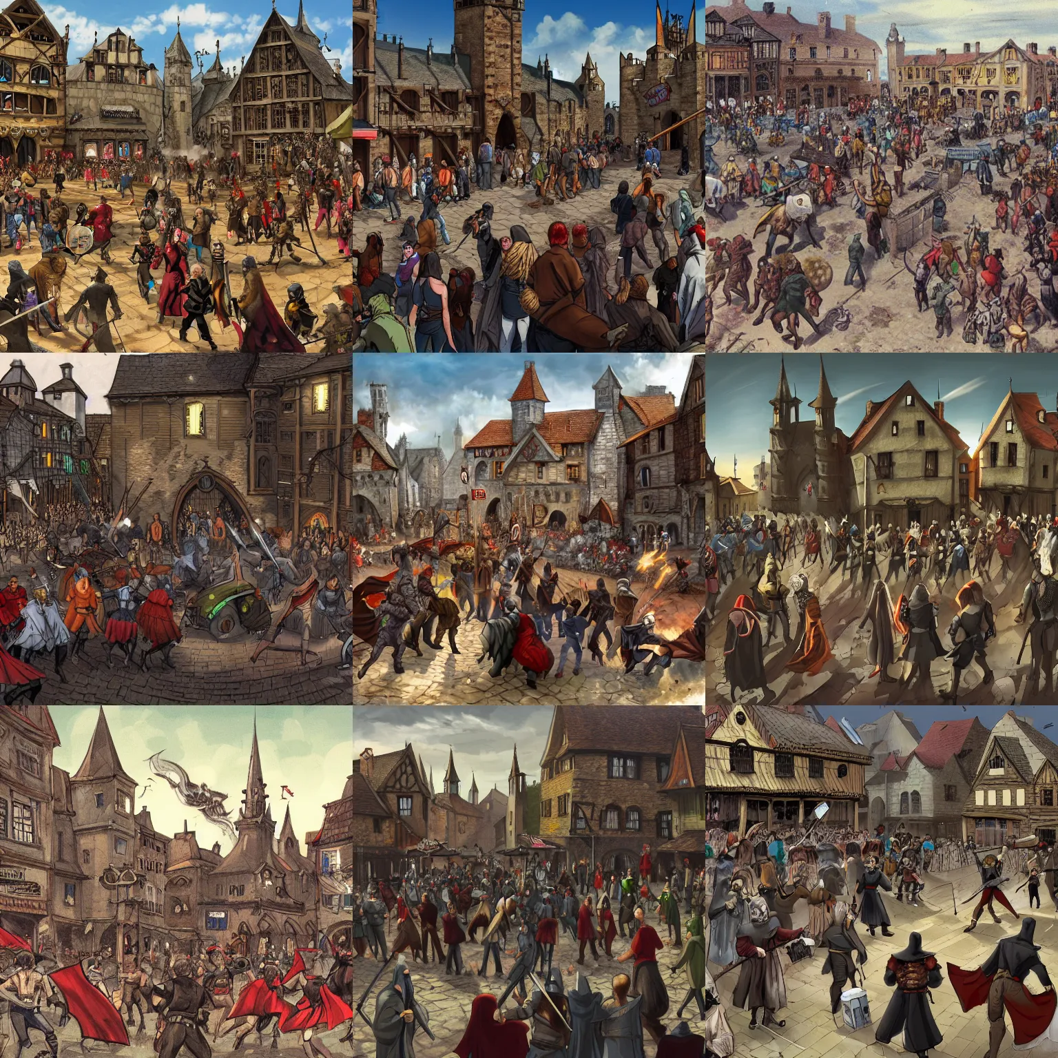 Prompt: vigilantes disrupting a crowded event, concept art, medieval town square, large crowds, medieval fantasy, stone buildings