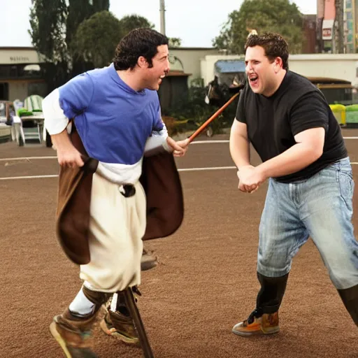 Image similar to adam sandler and jonah hill jousting