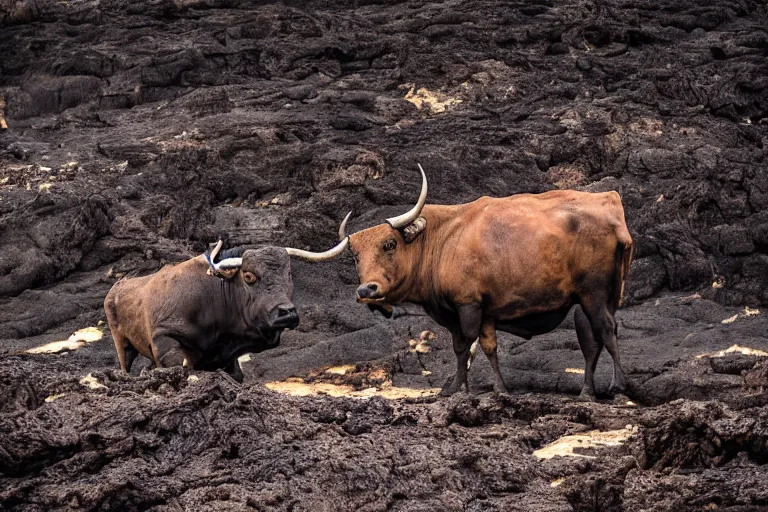 Prompt: wildlife photography bull made of lava by Emmanuel Lubezki