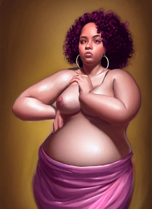 Image similar to full body portrait, teenage vanessa morgan, pink hair, brown skin, obese, curly pixie hair, sultry, realistic, short hair, hoop earrings, skirt, shirt, fat, belly, intricate, elegant, highly detailed, digital painting, artstation, concept art, smooth, sharp focus, illustration, art by wlop, mars ravelo and greg rutkowski