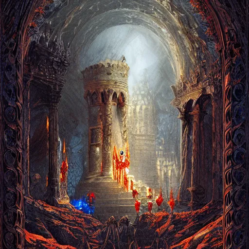 Prompt: the holy castle of Persephone along with hades, bright in fury, red and blue, with demon statues, hyperdetailed, artstation trending, world renowned artists, worth1000.com, historic artworks society, antique renewel, cgsociety, by greg rutkowski, by Gustave Dore, Deviantart