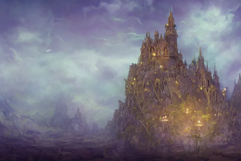 Image similar to wide angle view, a beautiful digital painting of a fairy castle made of sand on a beautiful coastline, tranquil day, magical, by greg rutkowski, brian froud, marc simonetti, jean - baptiste monge, and alphonse mucha, symmetry, complementary colors, ink illustration, trending on artstation