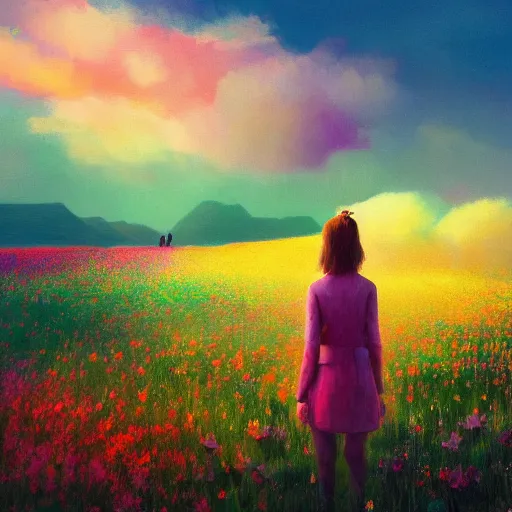 Prompt: girl with a flower face, surreal photography, dream, standing in flower field, in a valley, sunrise dramatic light, impressionist painting, colorful clouds, artstation, simon stalenhag