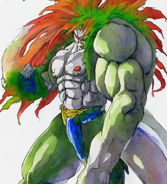 Image similar to a 3 / 4 view watercolor ink painting of broly as goku in the style of jean giraud in the style of moebius trending on artstation deviantart pinterest detailed realistic hd 8 k high resolution