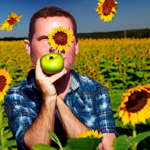 Prompt: A double exposure of a man holding an apple in a field of sunflowers