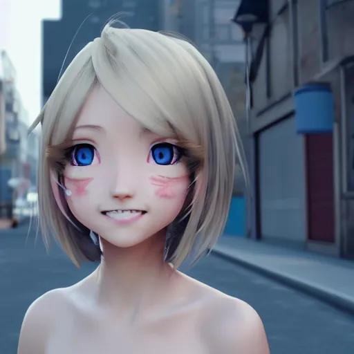 Image similar to a very beautiful 3d anime girl on the street, unreal engine 5 4k render, hazler eyes, cute smile, incredibly high detailed, studio quality, trending on artstation, medium shot, long blonde hair