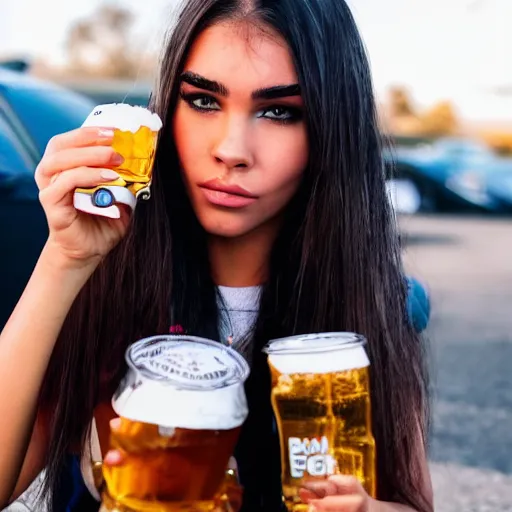 Image similar to 4k,ultra detailed portrait of Madison Beer drinking beer at the parking lot by Rachel Ruysch