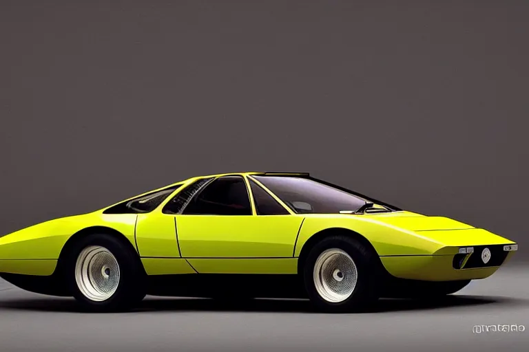 Image similar to designed by giorgetto giugiaro stylized poster of a single 1 9 7 3 miura citroen dm bmw m 1 ( ( mclaren f 1 ) ) delorean concept, thick neon lights, ektachrome photograph, volumetric lighting, f 8 aperture, cinematic eastman 5 3 8 4 film