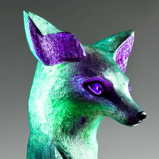 Image similar to !dream Emerald Fox sculpture with glowing purple eyes