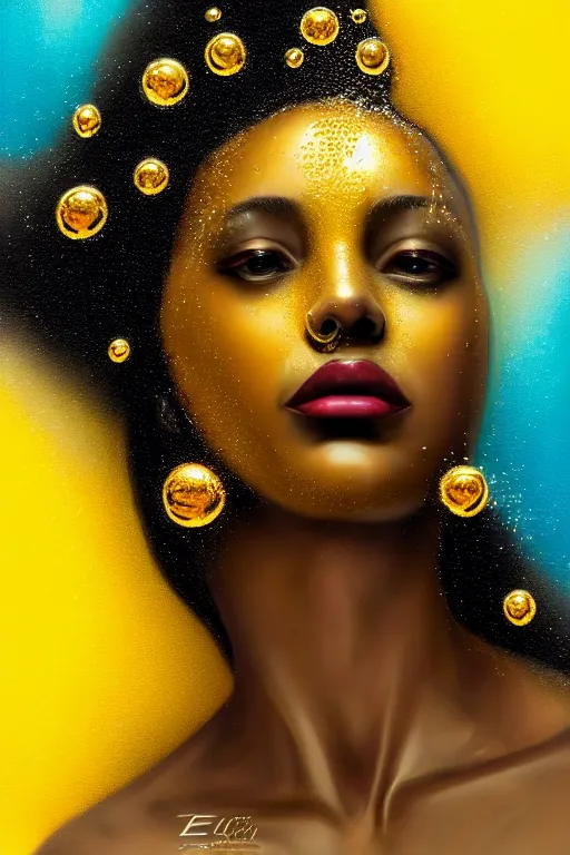 Image similar to hyperrealistic post - futurist cinematic very expressive! profile black oshun goddess, in water!! up to shoulders, mirror dripping droplet!, gold flowers, highly detailed face, digital art masterpiece, smooth eric zener cam de leon, dynamic pearlescent turquoise light, low angle uhd 8 k, sharp focus
