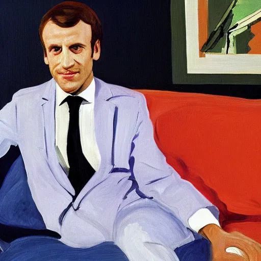 Image similar to emmanuel macron posing on a sofa, 1 9 7 0 living room, oil on canvas, by david hockney, bouguereau