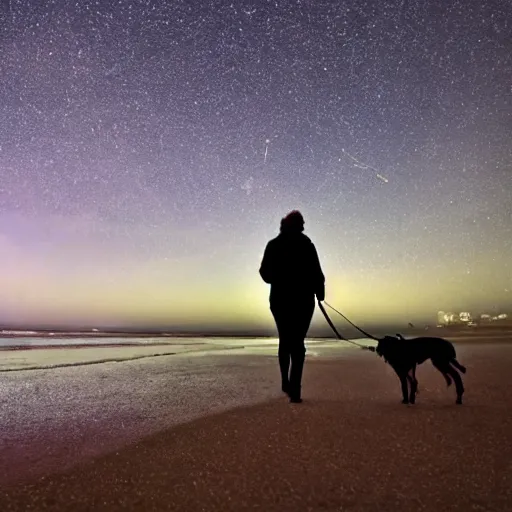 Image similar to walking the dog on a beach with meteors in sky