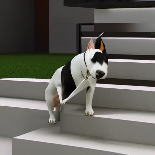 Image similar to bull terrier bounces up stairs rendered in unreal engine