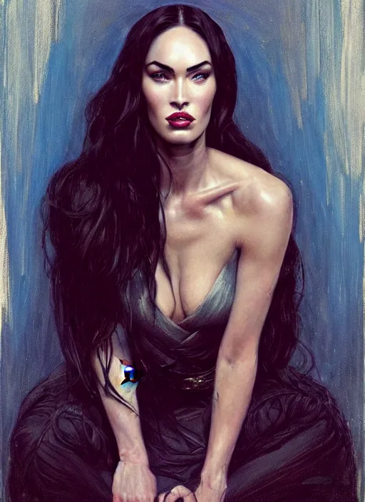 Image similar to megan fox dressed like a queen on a throne, calm, fantasy character portrait, dynamic pose, above view, artwork by jeremy lipkin and giuseppe dangelico pino very coherent asymmetrical artwork, sharp edges, perfect face, simple form, 1 0 0 mm