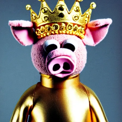 Prompt: a pig wearing a gold crown depicted as a muppet