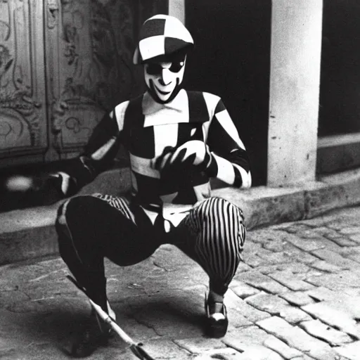 Image similar to a photo of a harlequin mime in madrid in the spanish civil war