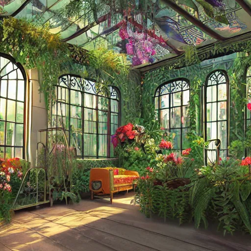 Image similar to a musical bedroom art deco greenhouse. the greenhouse is built into a giant oak tree, ornate, beautiful, atmosphere, vibe, flowers, concept art illustration, greg rutowski, volumetric lighting,