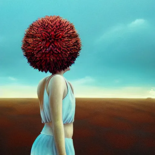 Image similar to closeup large dahlia flower under head, a girl walking between dunes, surreal photography, sunrise, blue sky, dramatic light, impressionist painting, digital painting, artstation, simon stalenhag