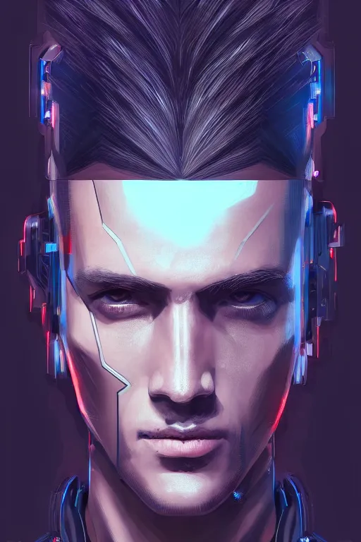 Image similar to a portrait of the handsome cyberpunk cyborg, high - contrast, intricate, elegant, highly detailed, digital painting, artstation, concept art, smooth, sharp focus, illustration