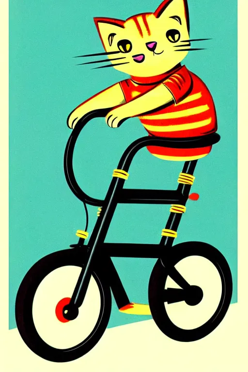 Image similar to a 1 9 5 0 s retro illustration. a cat riding a bike. by richard scarry. muted colors, detailed