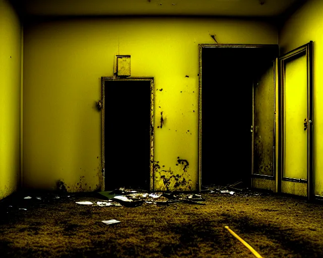 Image similar to the backrooms, the eerie forlorn atmosphere of a place that's usually bustling with people but is now abandoned and quiet, walls with tone of yellow, buzzing fluorescent lights, unsettling images, liminal space, dark