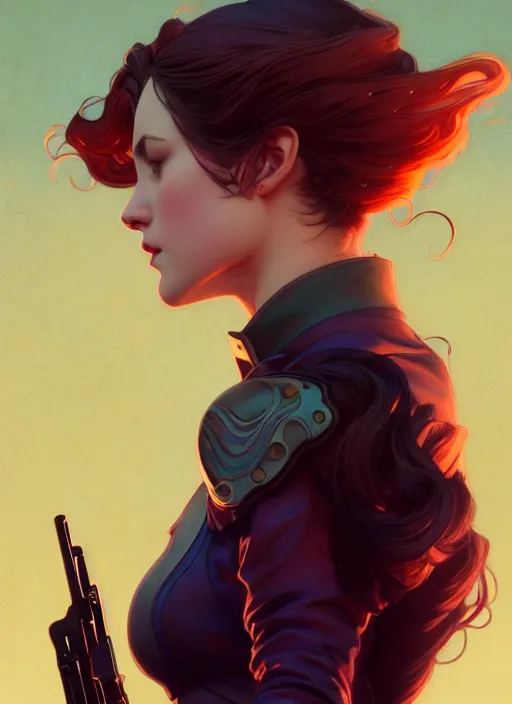 Prompt: side profile centered portrait, girl with a gun, by artgerm, cushart krenz, greg rutkowski, storyboard, west world show, mucha. art nouveau. gloomhaven, swirly vibrant ripples, gaudy colors, sharp edges. ultra clear detailed. 8 k. elegant, intricate, octane render