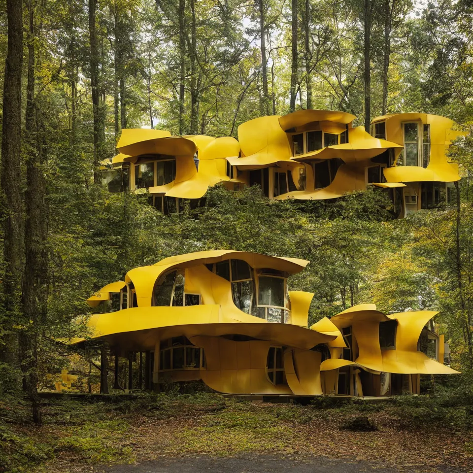 Image similar to architecture ad for a mid-century modern house in the middle of the forrest, designed by Frank Gehry. Film grain, cinematic, colorized, yellow hue