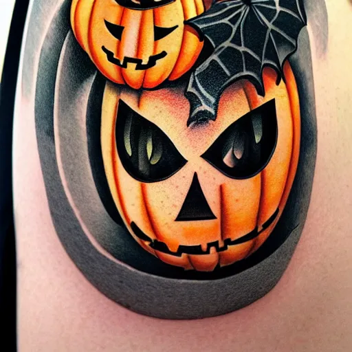 Prompt: cartoon tattoo of a halloween pumpkin with glowing eyes on arm with light shading in the background, night time scene in graveyard with full moon and bats flying, mist