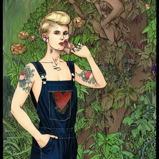 Prompt: short - haired tattooed heroic stoic handsome muscular blonde butch tomboy woman engineer in overalls standing beside dark fae feathered gothic jennifer connelly in black cloak standing together in a beautiful lush garden at night, in love, highly detailed, trending on art station, mucha