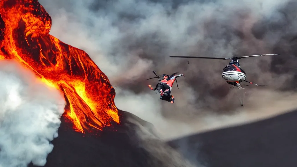 Image similar to person wearing a sponsored team jersey with logos jumping out of a helicopter with a surfboard into a volcano, action shot, dystopian, thick black smoke and fire, sharp focus