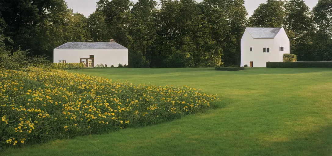 Image similar to farmhouse designed by santiago calatrava. landscape design by capability brown. fujinon premista 1 9 - 4 5 mm t 2. 9. portra 8 0 0.