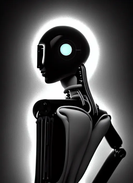 Image similar to surreal mythical dreamy dark artistic black and white fine art fashion portrait photo of a young beautiful delicate female metropolis robot loving the universe, spiritual, halo, glory, rim light, cinematic, studio dramatic light, poetic, masterpiece, octane render, 8 k, photo - realistic by william bouguereau man ray