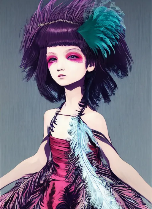 Prompt: little girl with an eccentric haircut wearing an dress made of feathers, artwork made by ilya kuvshinov and hirohiko araki, full character