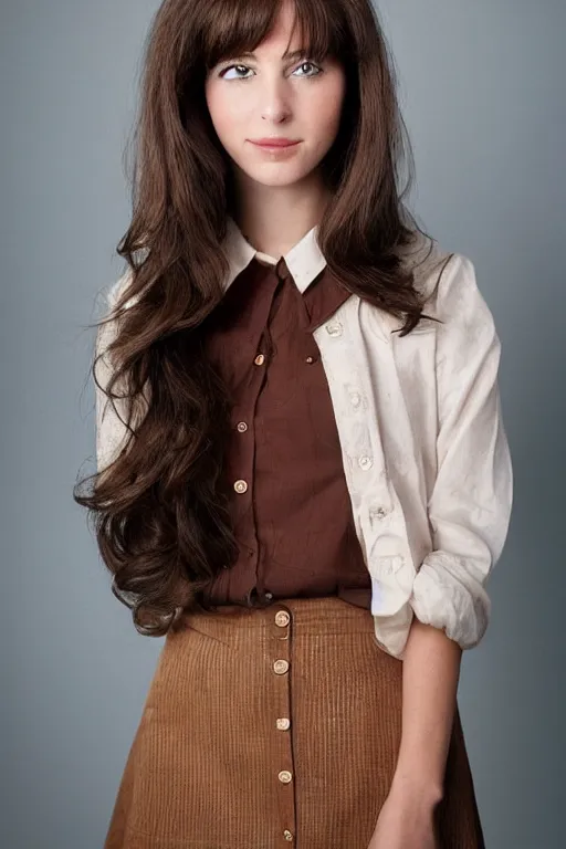 Prompt: “ beautiful brown hair model close up wearing shirt and skirt, soft smile, 1 9 6 0 ’ s fashion, 1 5 0 mm f 2. 8, face shot, hasselblad, photo by brian ingram, david lazar, lisa kristine, steve mccurry, high quality, symmetrical face, clear skin, 4 k, studio and dramatic lighting ”