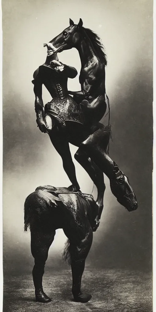 Image similar to t rex and a horse wearing high heels, strange, black and white, photograph, 1850s