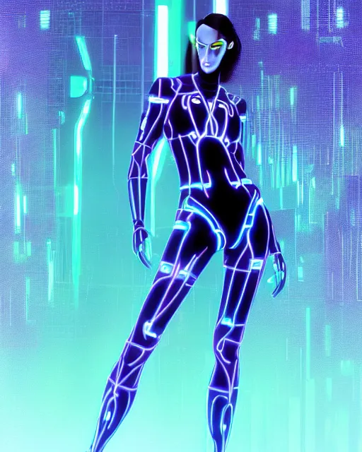 Image similar to a computer virus woman from Tron, wild, choatic villainess, corrupted data surrounds her, character design by jack kirby and syd mead, full color, full 3d environment, glowing datascape, intricate complexity, detailed portrait, intricate complexity, artgerm and artstation trending, quixel megascan