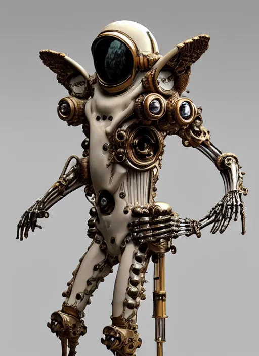 Prompt: a rococo statue of a bone spacesuit with steampunk details, occult cosmonaut inscribed with magic symbols, ivory marble statue, mohrbacher, giger, beksinski, 3 d rendering, structure, beautiful lighting, skeletal wings, uncanny, micro detail