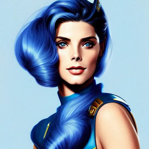 Image similar to Ashley Greene's face combined with Grace Kelly's face with blue hair as a Space Marine, western, D&D, fantasy, intricate, elegant, highly detailed, digital painting, artstation, concept art, matte, sharp focus, illustration, art by Artgerm and Greg Rutkowski and Alphonse Mucha