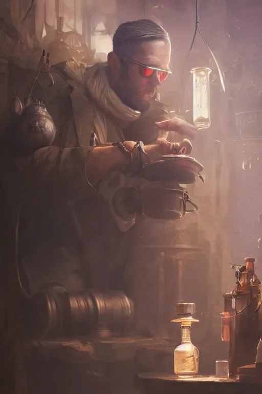 Image similar to An Alchemist inspecting a potion in his hand with goggles on by Greg Rutkowski, 4k photorealistic, volumetric lighting, HD, high details, dramatic, trending on artstation