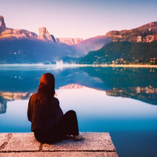 Image similar to woman sitting on a small wall at the lake of annecy, looking at the mountains in the distance. city photography, beautiful lighting