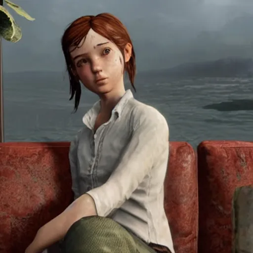 Prompt: ' ellie'from'the last of us'sitting on a couch, next to the sea, wearing a white button up shirt, vintage pin - up