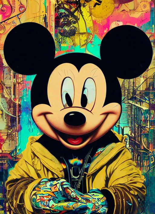 Prompt: beautiful portrait of Lofi cyberpunk Micky Mouse, by Tristan Eaton, Stanley Artgermm, Tom Bagshaw, Greg Rutkowski, Carne Griffiths. trending on DeviantArt, face enhance, hyper detailed, trending on Artstation, 8k, masterpiece, graffiti paint, fine detail, full of color, intricate detail, golden ratio illustration