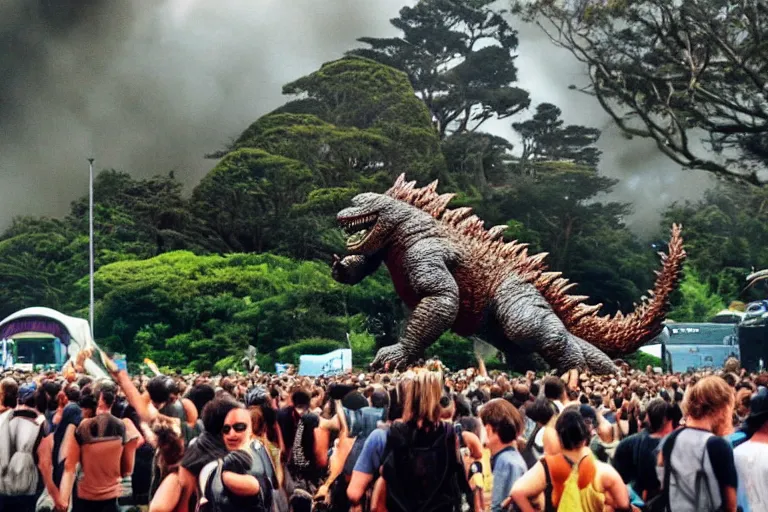 Prompt: godzilla attacking a music festival in golden gate park