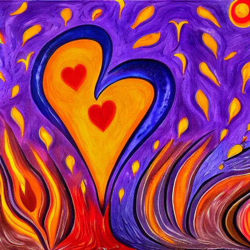 Prompt: a highly detailed painting of the purple hearts in flames, inspired by dali, matisse, klee, bosch, david hockney, trending on artstation, 4 k