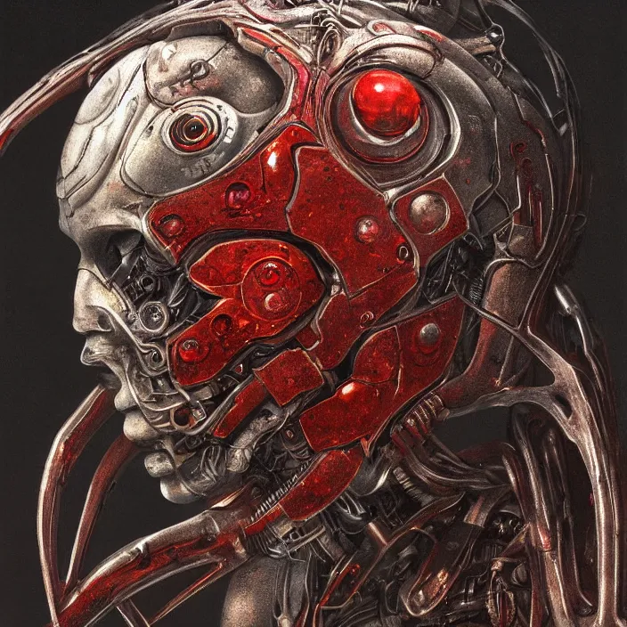 Image similar to in the art style of h. r. giger a portrait of a ruby ultron from age of ultron, clockwork steampunk, head and chest only, by beksinski, 4 k, deviantart, trending on artstation