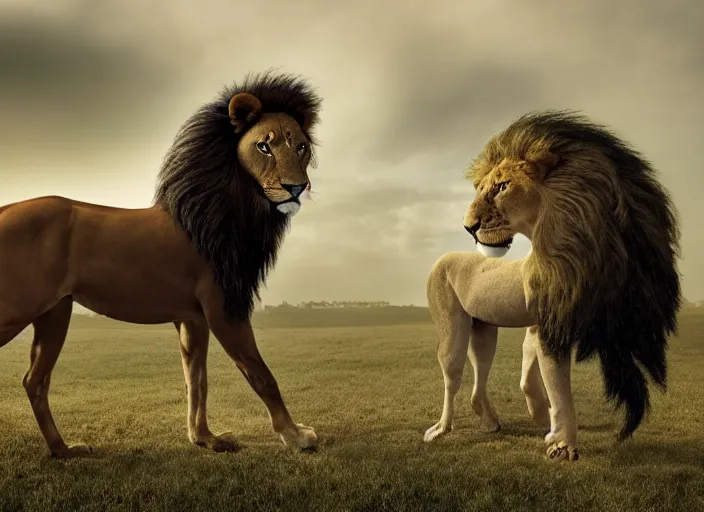 Image similar to a horse with a lion body hybrid, national geographic photography