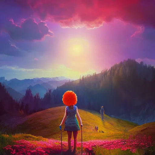 Image similar to giant daisy flower head, girl hiking in the mountains, surreal photography, sunrise, dramatic light, impressionist painting, colorful clouds, digital painting, artstation, simon stalenhag