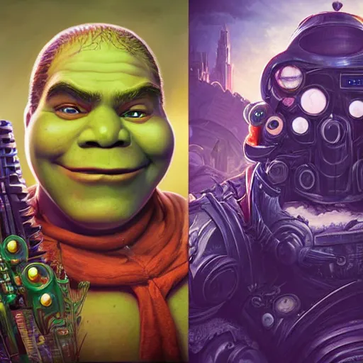 Image similar to lofi biopunk portrait of shrek the doom slayer, pixar style, by tristan eaton stanley artgerm and tom bagshaw.